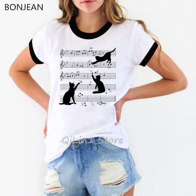 Sheet Music Cat Music Note Kitten Cat Lovers Black Cat Printed T-Shirt Women Funny Tshirt Woman Novel Cute Tops Ringer Tees