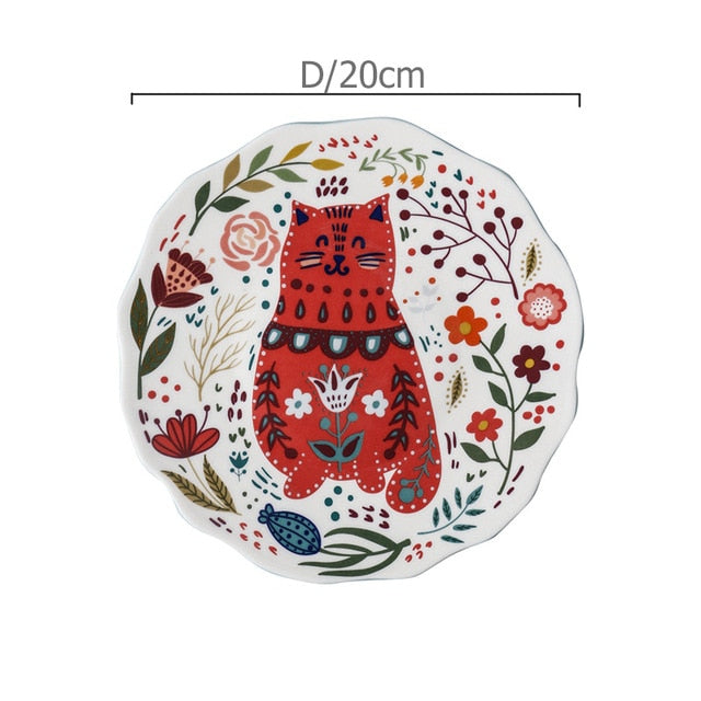 8 inch Colorful Cat Dinner Plate Under-glazed Ceramic Dinner Dishes Dessert Tray Flower Kitten Dinnerware Microwave Safe