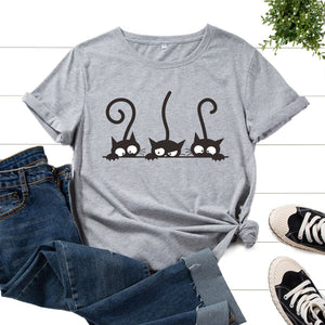 Graphic Tee for Women Cotton Print T Shirts Short Sleeve Crew Neck Summer Tops Female Clothes Three Cats Hipster Heart Cat Lover