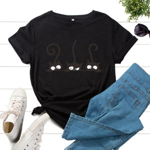 Graphic Tee for Women Cotton Print T Shirts Short Sleeve Crew Neck Summer Tops Female Clothes Three Cats Hipster Heart Cat Lover