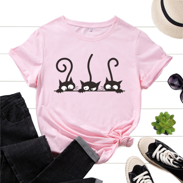 Graphic Tee for Women Cotton Print T Shirts Short Sleeve Crew Neck Summer Tops Female Clothes Three Cats Hipster Heart Cat Lover