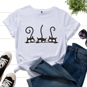 Graphic Tee for Women Cotton Print T Shirts Short Sleeve Crew Neck Summer Tops Female Clothes Three Cats Hipster Heart Cat Lover