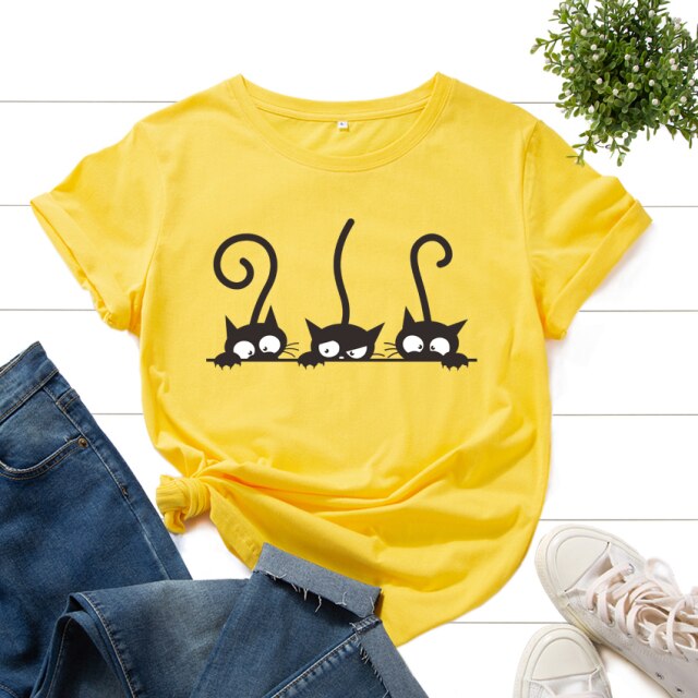 Graphic Tee for Women Cotton Print T Shirts Short Sleeve Crew Neck Summer Tops Female Clothes Three Cats Hipster Heart Cat Lover