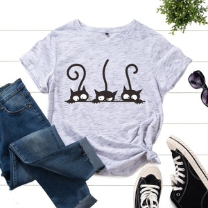 Graphic Tee for Women Cotton Print T Shirts Short Sleeve Crew Neck Summer Tops Female Clothes Three Cats Hipster Heart Cat Lover