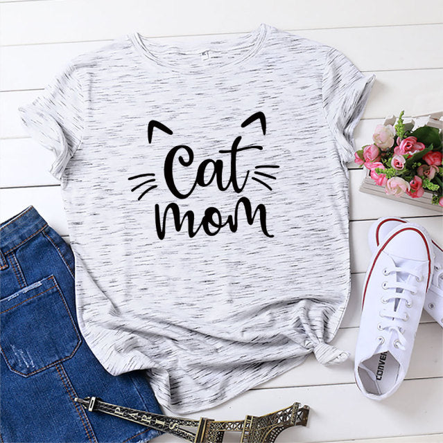 Cat Mom 100%Cotton T-shirt Cute 90s Fur Mama Tshirt Funny Women Short Sleeve Graphic Cat Lover Tee Shirt Top Kawaii Clothes