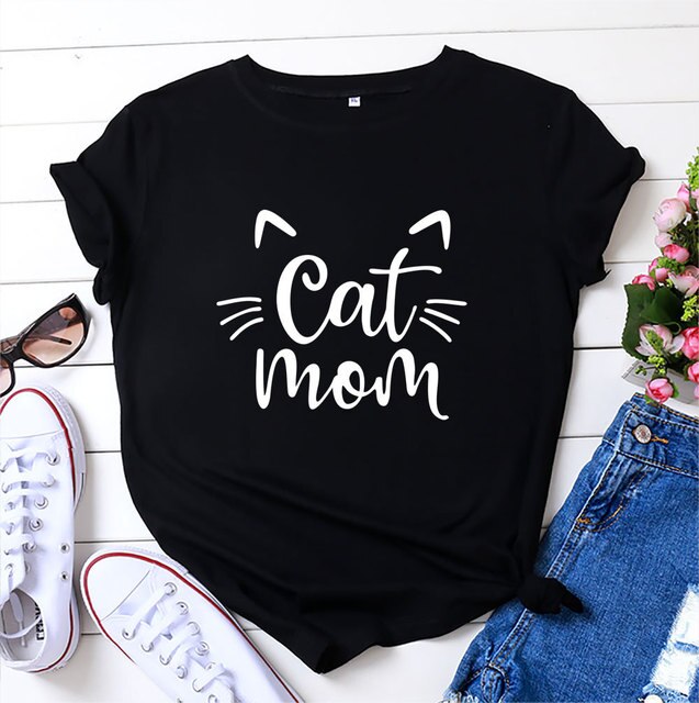 Cat Mom 100%Cotton T-shirt Cute 90s Fur Mama Tshirt Funny Women Short Sleeve Graphic Cat Lover Tee Shirt Top Kawaii Clothes