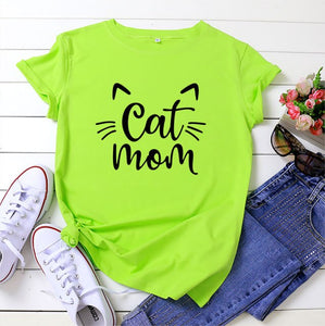 Cat Mom 100%Cotton T-shirt Cute 90s Fur Mama Tshirt Funny Women Short Sleeve Graphic Cat Lover Tee Shirt Top Kawaii Clothes