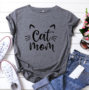 Cat Mom 100%Cotton T-shirt Cute 90s Fur Mama Tshirt Funny Women Short Sleeve Graphic Cat Lover Tee Shirt Top Kawaii Clothes