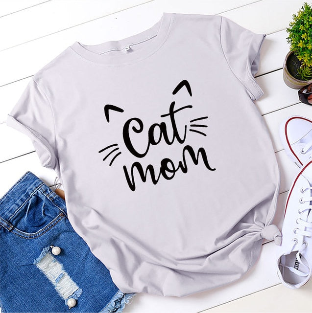 Cat Mom 100%Cotton T-shirt Cute 90s Fur Mama Tshirt Funny Women Short Sleeve Graphic Cat Lover Tee Shirt Top Kawaii Clothes