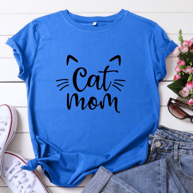 Cat Mom 100%Cotton T-shirt Cute 90s Fur Mama Tshirt Funny Women Short Sleeve Graphic Cat Lover Tee Shirt Top Kawaii Clothes