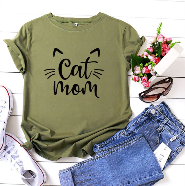 Cat Mom 100%Cotton T-shirt Cute 90s Fur Mama Tshirt Funny Women Short Sleeve Graphic Cat Lover Tee Shirt Top Kawaii Clothes