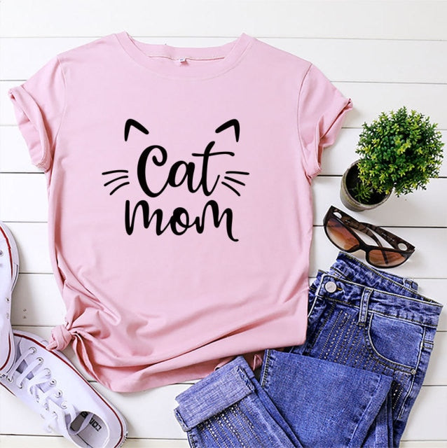 Cat Mom 100%Cotton T-shirt Cute 90s Fur Mama Tshirt Funny Women Short Sleeve Graphic Cat Lover Tee Shirt Top Kawaii Clothes