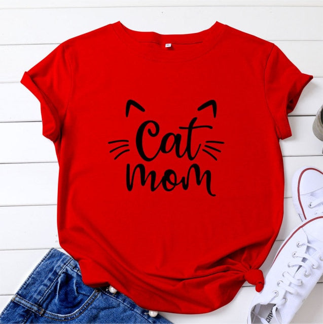 Cat Mom 100%Cotton T-shirt Cute 90s Fur Mama Tshirt Funny Women Short Sleeve Graphic Cat Lover Tee Shirt Top Kawaii Clothes