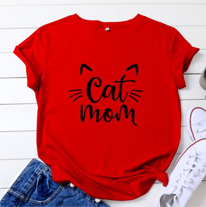 Cat Mom 100%Cotton T-shirt Cute 90s Fur Mama Tshirt Funny Women Short Sleeve Graphic Cat Lover Tee Shirt Top Kawaii Clothes