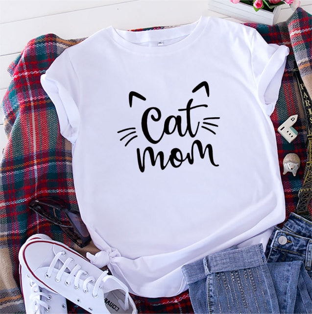 Cat Mom 100%Cotton T-shirt Cute 90s Fur Mama Tshirt Funny Women Short Sleeve Graphic Cat Lover Tee Shirt Top Kawaii Clothes