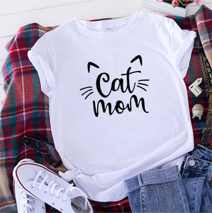 Cat Mom 100%Cotton T-shirt Cute 90s Fur Mama Tshirt Funny Women Short Sleeve Graphic Cat Lover Tee Shirt Top Kawaii Clothes