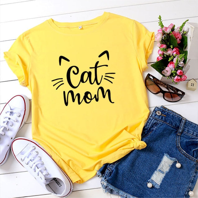 Cat Mom 100%Cotton T-shirt Cute 90s Fur Mama Tshirt Funny Women Short Sleeve Graphic Cat Lover Tee Shirt Top Kawaii Clothes