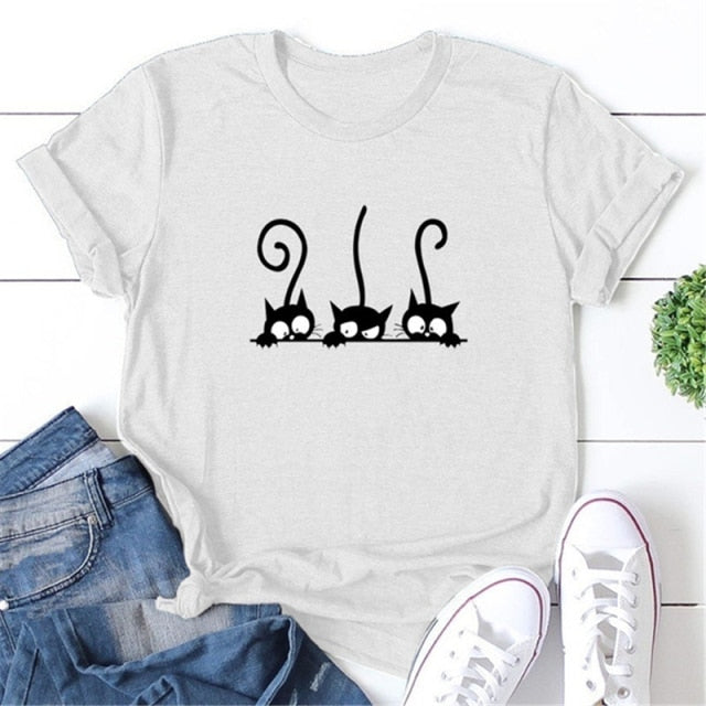 Tshirt Women Cute Cats Print Graphic Tee Kawaii Clothes Cartoon Female Tops Summer Streetwear Aesthetic Girls Short Sleeve Shirt