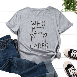 Cotton T-Shirts for Women Graphic Tees Printed Shirt Short Sleeve Summer Tops Casual Clothes Who Cares Cat Animal Top Cats Lover