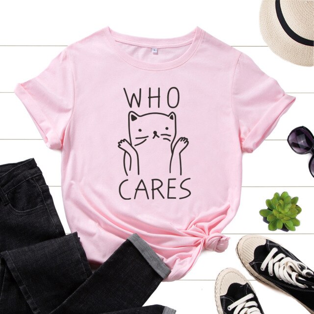 Cotton T-Shirts for Women Graphic Tees Printed Shirt Short Sleeve Summer Tops Casual Clothes Who Cares Cat Animal Top Cats Lover