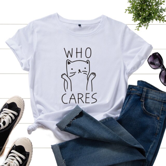 Cotton T-Shirts for Women Graphic Tees Printed Shirt Short Sleeve Summer Tops Casual Clothes Who Cares Cat Animal Top Cats Lover