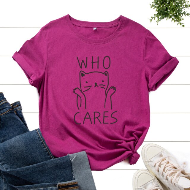 Cotton T-Shirts for Women Graphic Tees Printed Shirt Short Sleeve Summer Tops Casual Clothes Who Cares Cat Animal Top Cats Lover